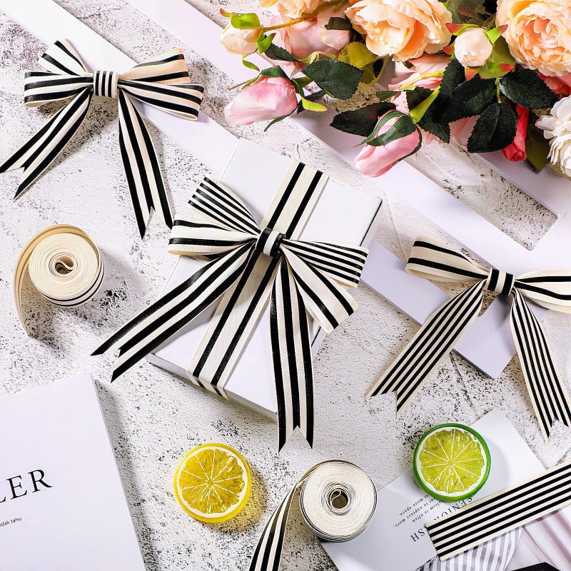 Juinte 3 Rolls 1 Inch x 18 Yards Black White Stripe Ribbon Vintage Striped Fabric Ribbon Natural Cotton Wrapping Accessories for DIY Craft Home Wedding Party Decor, 3 Styles - Image 3