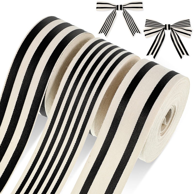 Juinte 3 Rolls 1 Inch x 18 Yards Black White Stripe Ribbon Vintage Striped Fabric Ribbon Natural Cotton Wrapping Accessories for DIY Craft Home Wedding Party Decor, 3 Styles - Image 1