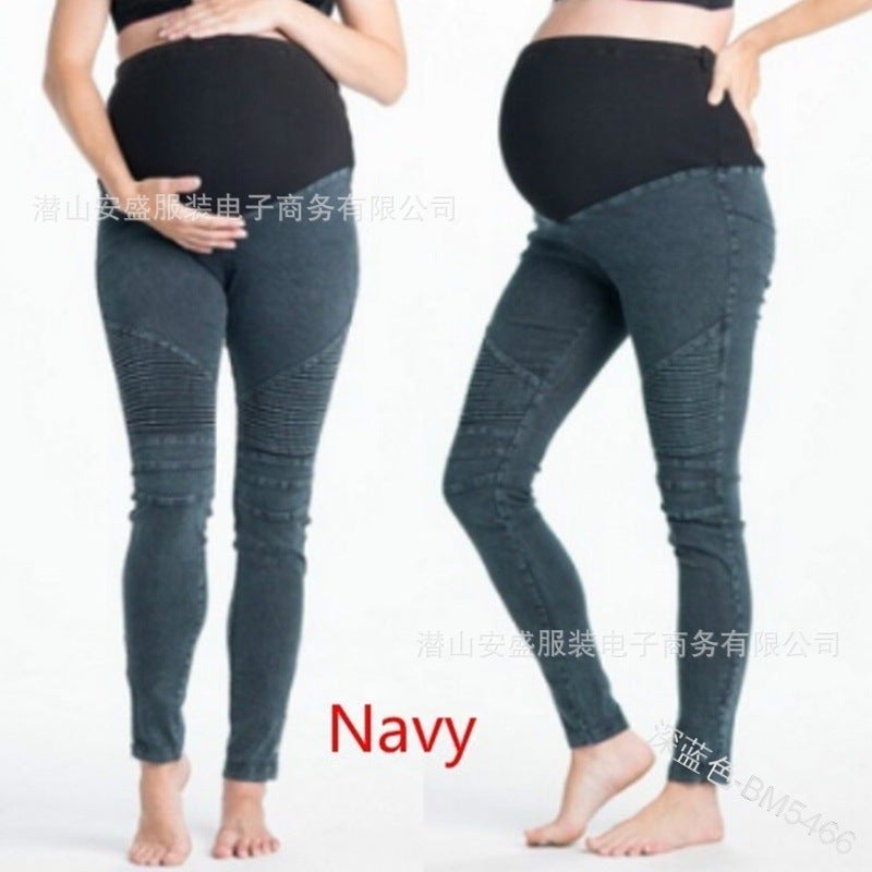 2020 European and American foreign trade supply maternity clothing stitching pleated slim fit comfortable elastic waist support pants pencil pants Navyblue M - Image 1