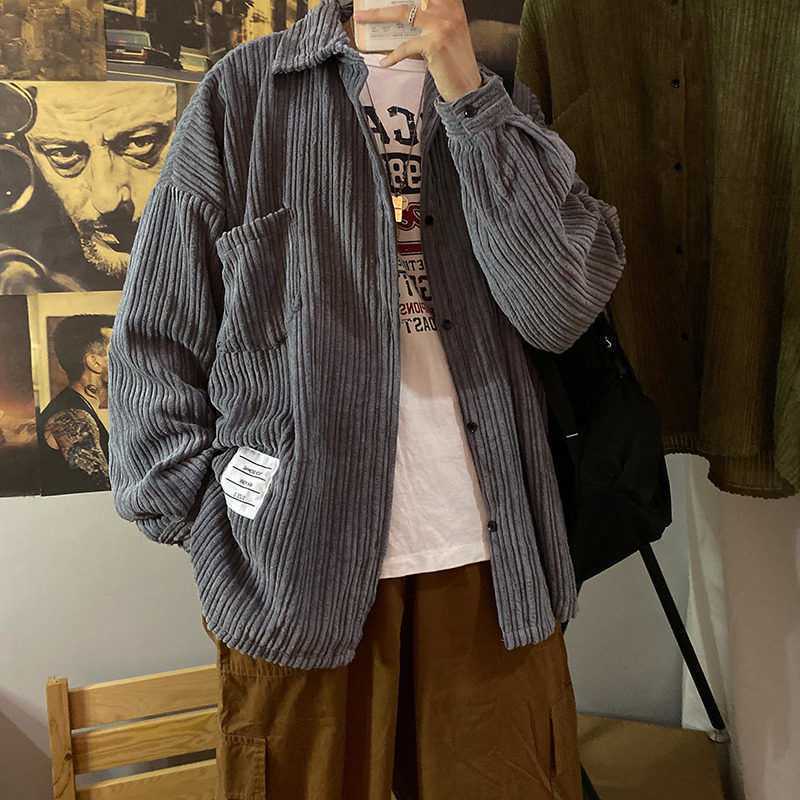 1 x 5 pcs Retro Japanese Corduroy Long Sleeve Casual Shirt Velvet Gray