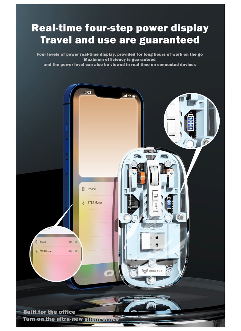 UNBLACK - UNBLACK Wireless Mouse Crystal Transparent, Gaming Adjustable DPI, Triple 2.4G Mode Switching Bluetooth 2, Rechargeable digital display Silent Mouse for PC Laptops Mac iPhone Android - orange - Image 1