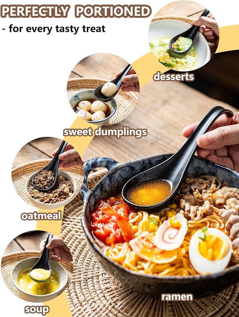 Gomakren Asian Soup Spoons, 6.5 Inch Ceramic Chinese Soup Spoons for Cereal, Ramen, Pho, Noodles, Stews, Black Kitchen Spoons with Long Handle and Deep Oval Design - Set of 6 - Image 5