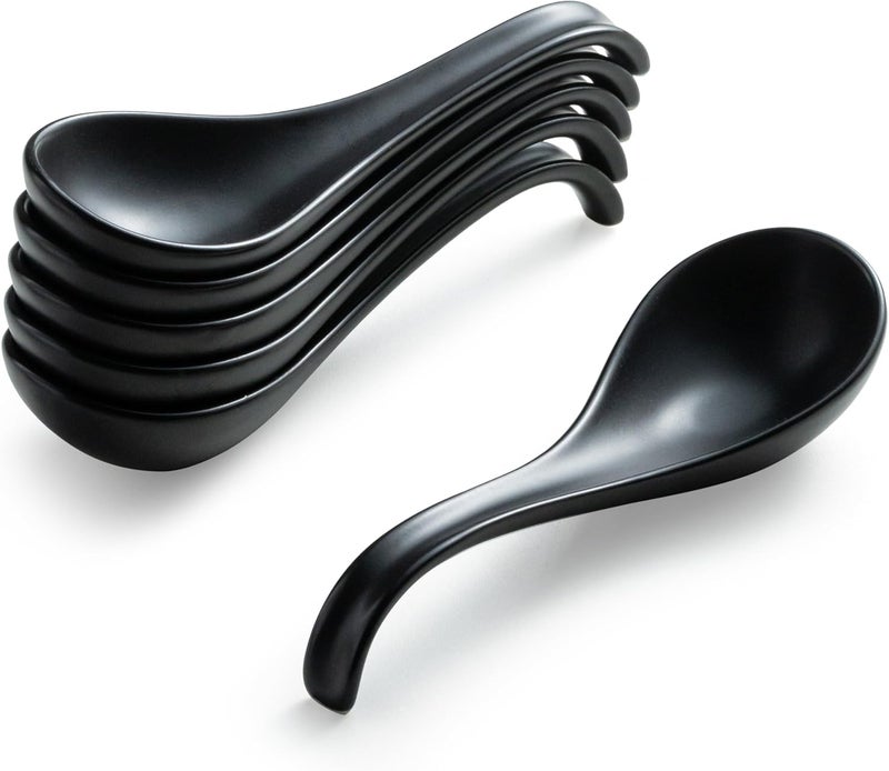 Gomakren Asian Soup Spoons, 6.5 Inch Ceramic Chinese Soup Spoons for Cereal, Ramen, Pho, Noodles, Stews, Black Kitchen Spoons with Long Handle and Deep Oval Design - Set of 6 - Image 1