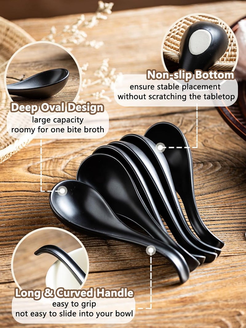 Gomakren Asian Soup Spoons, 6.5 Inch Ceramic Chinese Soup Spoons for Cereal, Ramen, Pho, Noodles, Stews, Black Kitchen Spoons with Long Handle and Deep Oval Design - Set of 6 - Image 2