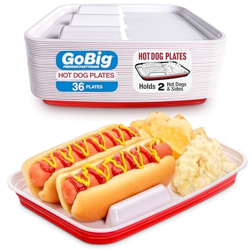 GoBig Hot Dog Food Trays with Dividers - 36 Pack Disposable Red Party Cup Hot Dog Plates for Parties, BBQs, & More - Image 1