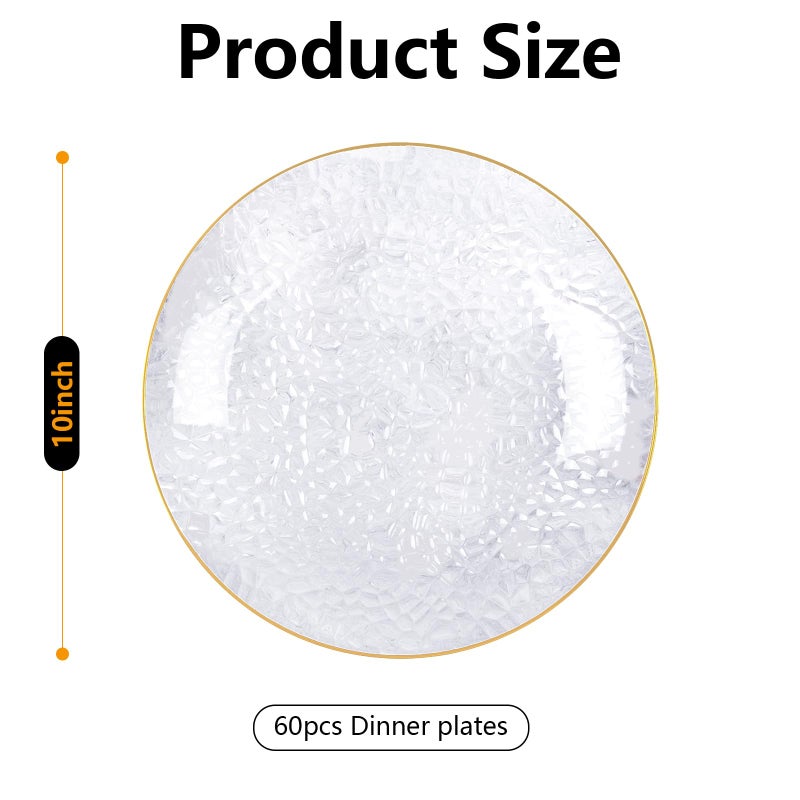 Rubtlamp 60 Pieces Gold Plastic Plates - 10 inch Clear Dinner Plates - Hammer Pattern Design - Fancy Clear and Gold Disposable Plates For All Occasions - Image 2