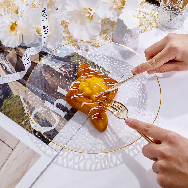 Rubtlamp 60 Pieces Gold Plastic Plates - 10 inch Clear Dinner Plates - Hammer Pattern Design - Fancy Clear and Gold Disposable Plates For All Occasions - Image 3