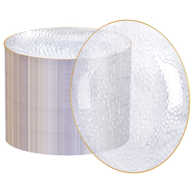 Rubtlamp 60 Pieces Gold Plastic Plates - 10 inch Clear Dinner Plates - Hammer Pattern Design - Fancy Clear and Gold Disposable Plates For All Occasions - Image 1