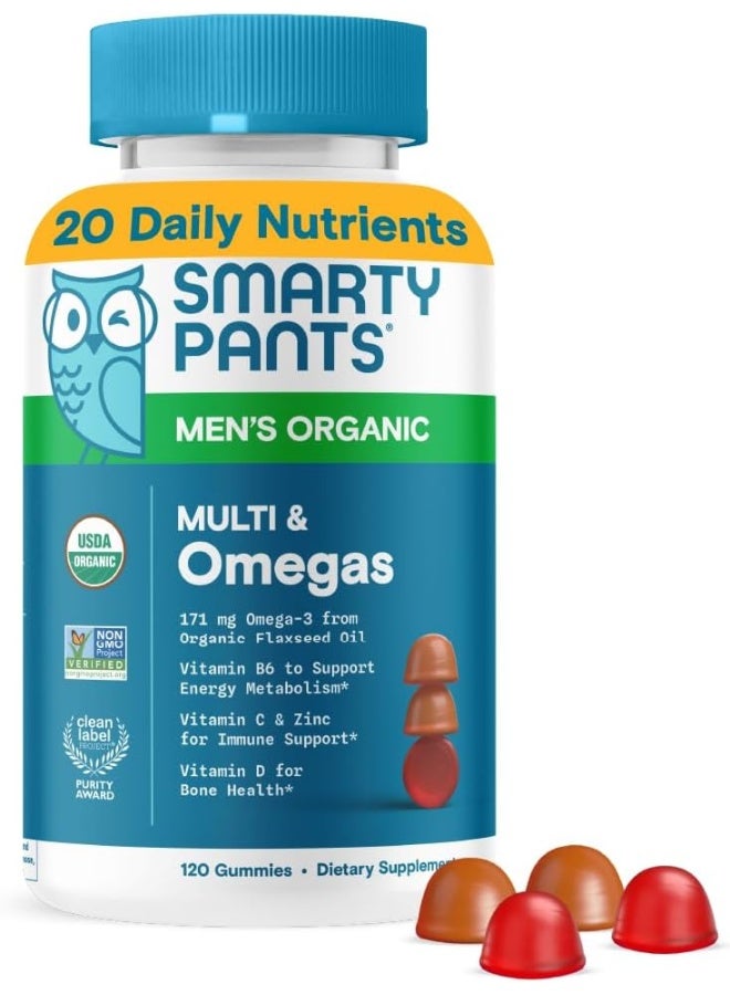 SmartyPants Multivitamin for Men, Organic Gummies: Methylfolate, Omega 3 (ALA), Vitamin D3, C, Vitamin B12, B6, A, K & Zinc for Immune Support, Biotin, Vegetarian, 120 Gummies (30 Day Supply) - Image 1