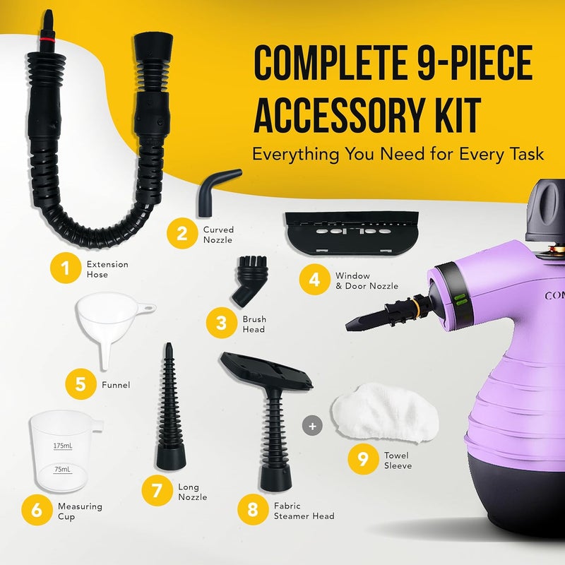 Comforday Multi-Purpose Handheld Pressurized Steam Cleaner with 9-Piece Accessories, Handheld Steamer Perfect for Stain Removal, Curtains, Car Seats, Floor, Bathroom, Window Cleaning (Purple) - Image 4
