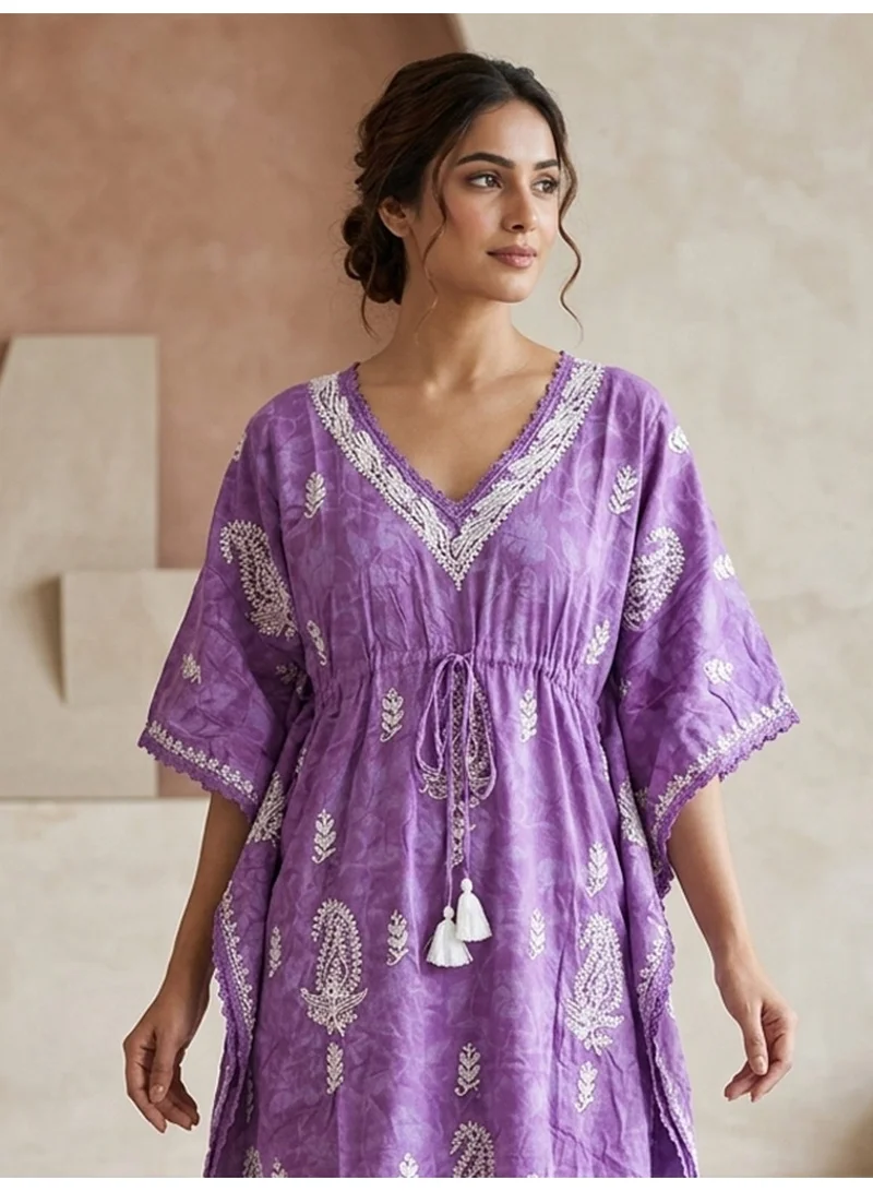 Alaya Mauve Women Floral Embroidered Cotton Kaftan-AL3833 for Women | Best Price UAE
