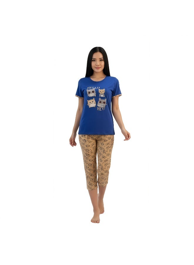 JOANNA طقم بيجامة قصير الأكمام بطباعة مرحبا أنا لست كلبًا للنساء من جوانا، أزرق، م - Image 2
