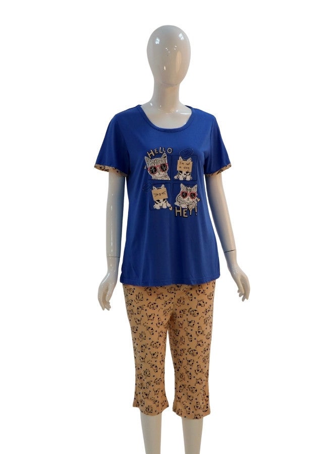 JOANNA JOANNA Women's Hello I'm Not A Dog Print Short Sleeve Shirt & Capri Pajama Set, Blue  - Image 1