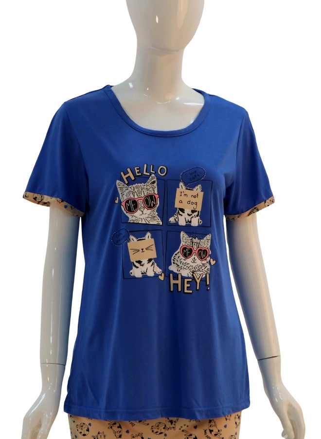 JOANNA JOANNA Women's Hello I'm Not A Dog Print Short Sleeve Shirt & Capri Pajama Set, Blue  - Image 2
