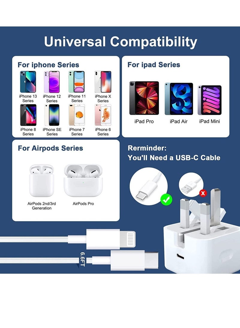 ELTRAZONE - iPhone Fast Charger Plug & Cable 2mT, [Apple MFi Certified] iPhone 20W USB C USB C Charger Power Adapter w/ USB C to Lightning Cable iPhone 13/12/SE/11/XS/XR/X/8, iPad, AirPod, White - Image 1