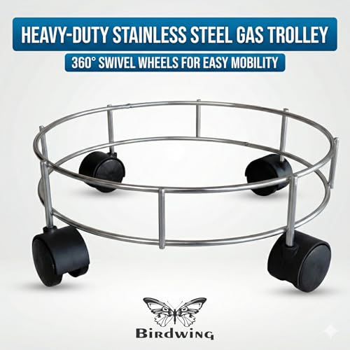 BIRDWING Durable Stainless Steel LPG Gas Cylinder Trolley with 4-Wheel Base – Gas Stand for Kitchen Use (Steel-2 Pcs) - Image 2