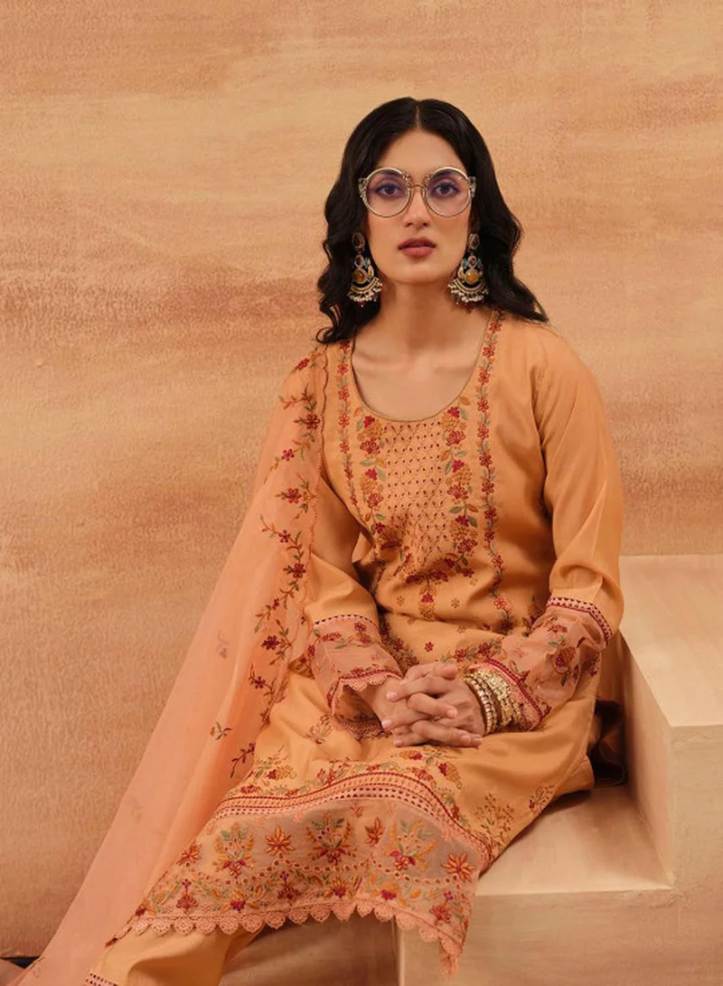 ISHIN Women's Orange Roman Silk Embroidered Tunic Upper With Full Palazzo Regular Fit 3 Piece Kurta Set