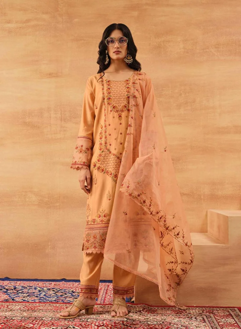 ISHIN Women's Orange Roman Silk Embroidered Tunic Upper With Full Palazzo Regular Fit 3 Piece Kurta Set