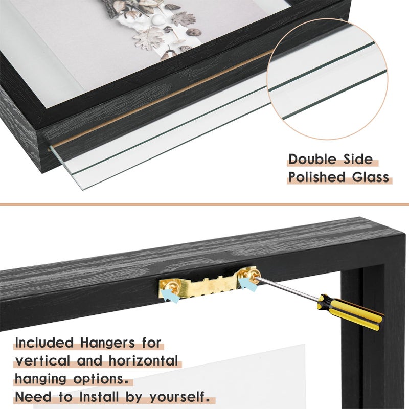 MUYE 8x10 Floating Frames Set of 2,Double Glass Picture Frame Display Any Size Photo up to 8x10,Wall Mount or Tabletop Standing,Black - Image 5