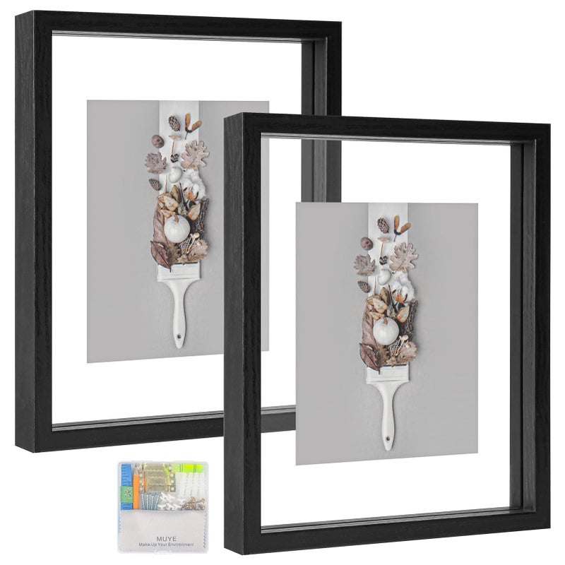 MUYE 8x10 Floating Frames Set of 2,Double Glass Picture Frame Display Any Size Photo up to 8x10,Wall Mount or Tabletop Standing,Black - Image 1