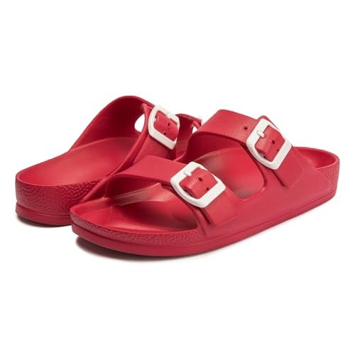 FUNKYMONKEY Women's Comfort Slides Double Buckle Adjustable EVA Flat Sandals (9 M US-Women, Red) - Image 5