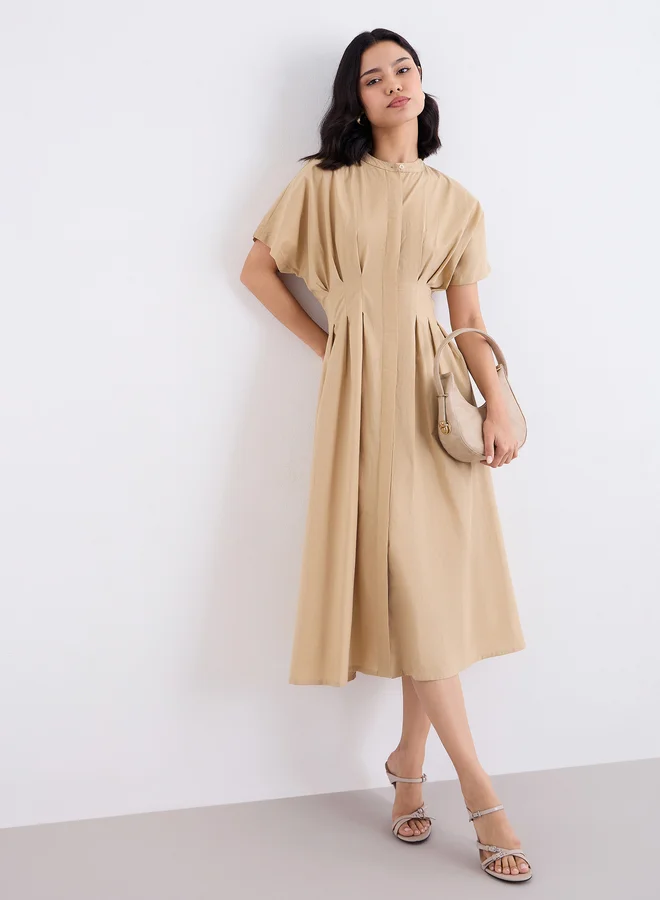 Styli  Styli Beige Shirt Midi Dress with Fold Pleated for Women | Best Price UAE