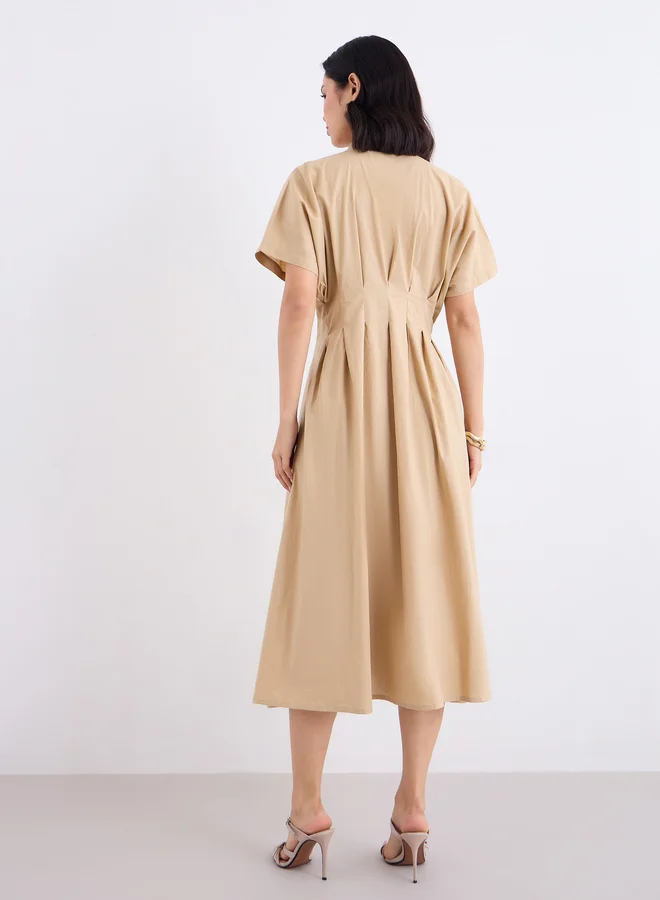 Styli  Styli Beige Shirt Midi Dress with Fold Pleated for Women | Best Price UAE