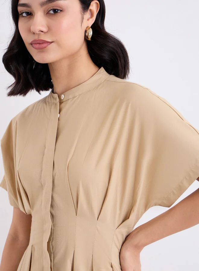 Styli  Styli Beige Shirt Midi Dress with Fold Pleated for Women | Best Price UAE