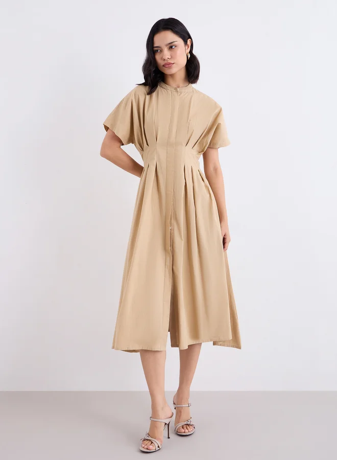 Styli  Styli Beige Shirt Midi Dress with Fold Pleated for Women | Best Price UAE