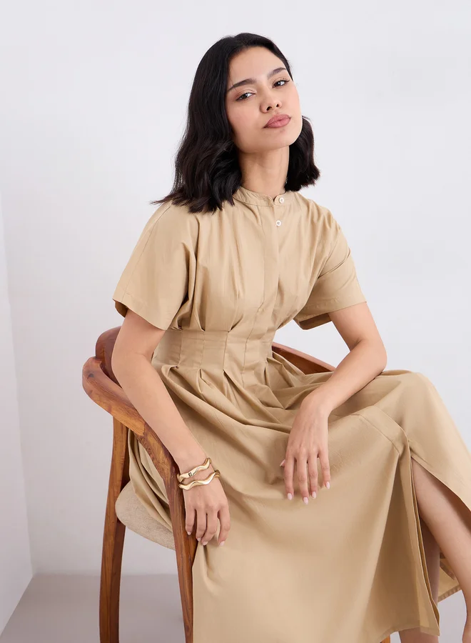 Styli Beige Shirt Midi Dress with Fold Pleated