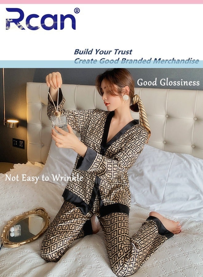 Rcan 2 Piece Set V Neck Ice Silk Satin Pajamas Printed Long Sleeved Cardigan Button Down Sleepwear Soft and Breathable Can Be Worn Outside Casual Nightgown Pants Suit for Women - Image 4