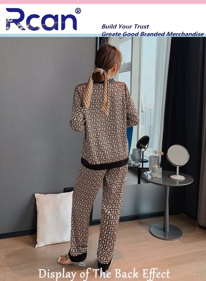 Rcan 2 Piece Set V Neck Ice Silk Satin Pajamas Printed Long Sleeved Cardigan Button Down Sleepwear Soft and Breathable Can Be Worn Outside Casual Nightgown Pants Suit for Women - Image 3