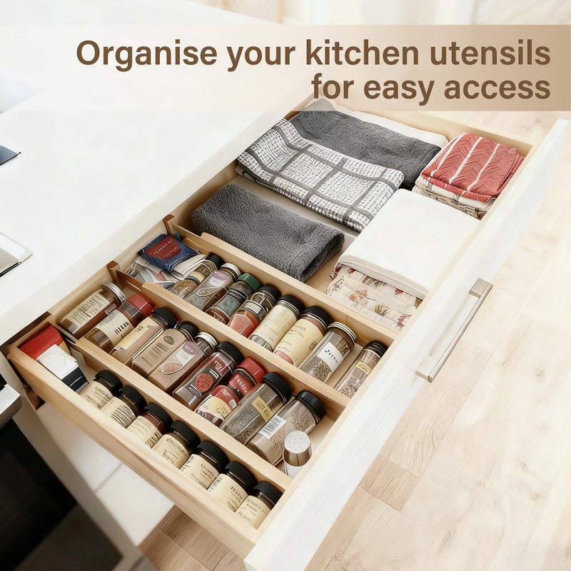 NCUE Bamboo Drawer Divider Set of 4, Adjustable Spring-Loaded Drawer Organizer (16.9"-22.2"), 2.3" Height, Suitable for Kitchen, Desk, Bathroom, Clothing, and Miscellaneous Drawer Organization, Natural - Image 4