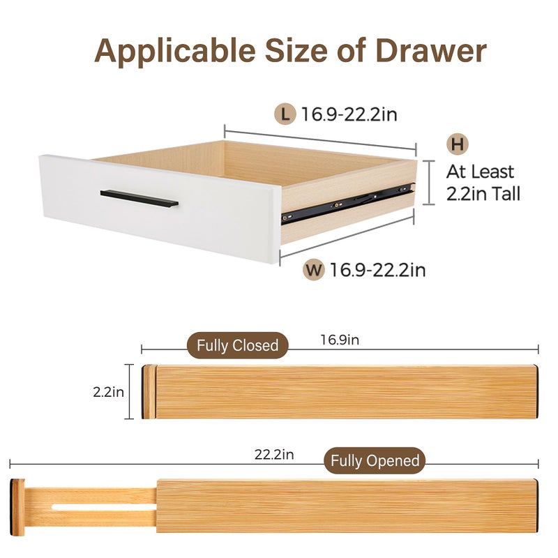 NCUE Bamboo Drawer Divider Set of 4, Adjustable Spring-Loaded Drawer Organizer (16.9"-22.2"), 2.3" Height, Suitable for Kitchen, Desk, Bathroom, Clothing, and Miscellaneous Drawer Organization, Natural - Image 2
