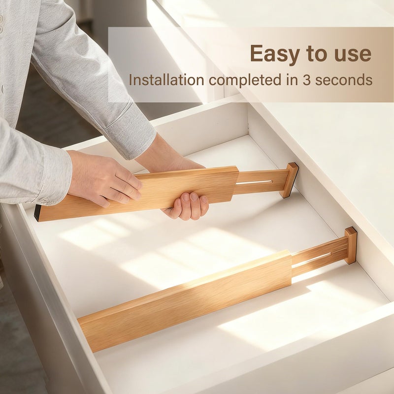 NCUE Bamboo Drawer Divider Set of 4, Adjustable Spring-Loaded Drawer Organizer (16.9"-22.2"), 2.3" Height, Suitable for Kitchen, Desk, Bathroom, Clothing, and Miscellaneous Drawer Organization, Natural - Image 5