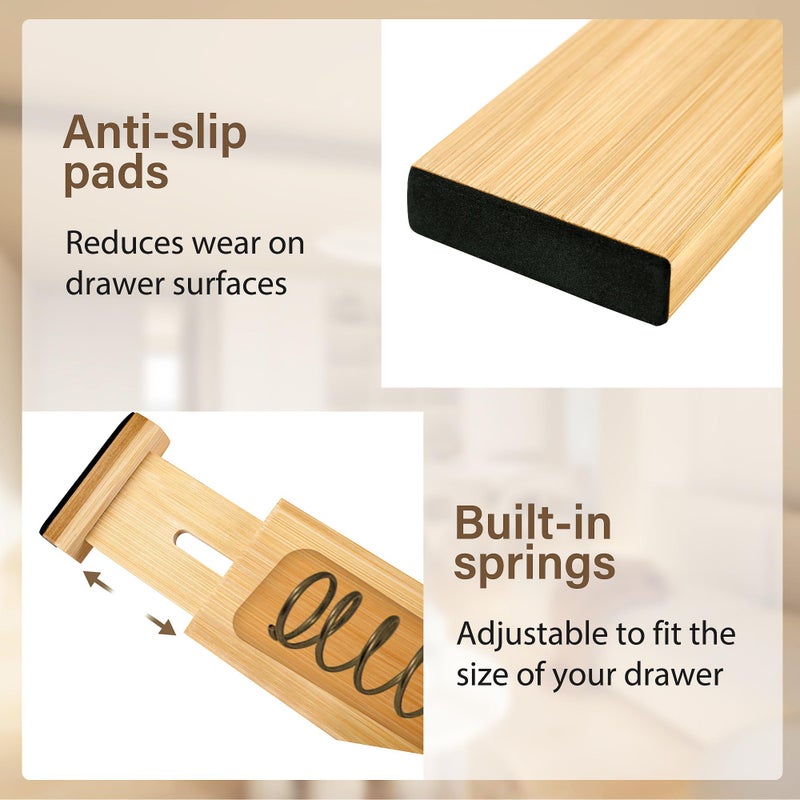 NCUE Bamboo Drawer Divider Set of 4, Adjustable Spring-Loaded Drawer Organizer (16.9"-22.2"), 2.3" Height, Suitable for Kitchen, Desk, Bathroom, Clothing, and Miscellaneous Drawer Organization, Natural - Image 3