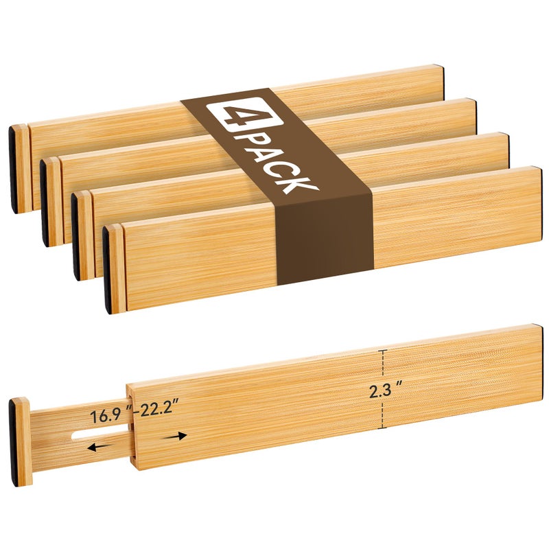 NCUE Bamboo Drawer Divider Set of 4, Adjustable Spring-Loaded Drawer Organizer (16.9"-22.2"), 2.3" Height, Suitable for Kitchen, Desk, Bathroom, Clothing, and Miscellaneous Drawer Organization, Natural - Image 1