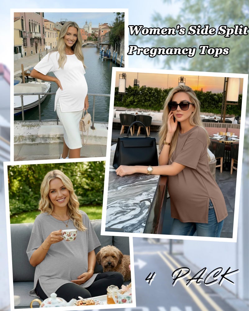 Riyiper 4 Pack Women's Maternity T Shirts, Short Sleeve Split Side Pregnancy Tee Tops Casual Loose Crewneck Maternity Clothes(Black, Light Heather Gray, White, Coffee,XX-Large) - Image 2