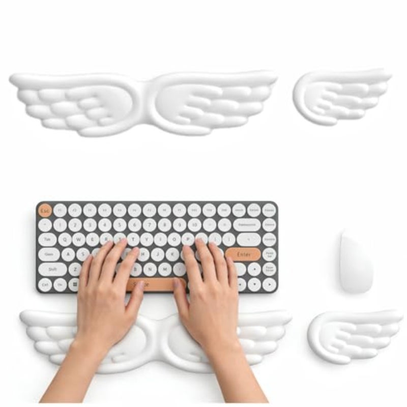 مسند معصم للوحة المفاتيح من Angel Wings، إسفنج الذاكرة 3 في 1 للمنزل والمكتب والكمبيوتر المحمول والكمبيوتر المكتبي، وتخفيف آلام الكتابة بسهولة، قطعتان، أبيض - Image 1