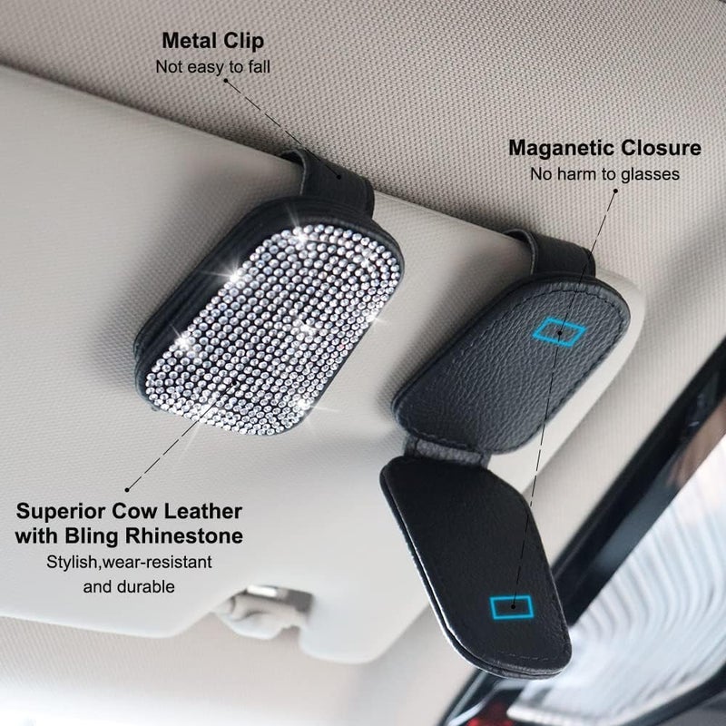 SUNCARACCL 2 Pack Sunglasses Holder for Car, Bling Sunglass Holders for Car Visor, Magnetic Leather Glasses Eyeglass Hanger Clip for Car, Car Interior Visor Accessories… - Image 3