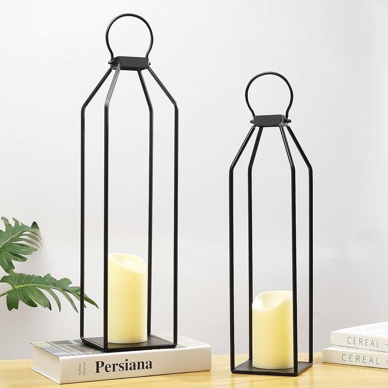Perfnique ديكور فانوس مزرعة حديثة، 19.7 بوصة 22 بوصة مجموعة من 2 فانوس معدني أسود، 2 شمعة LED بدون لهب مع مؤقت 6 ساعات وميض، فوانيس ديكور للشرفة الأمامية، الفناء، رف الموقد - Image 2