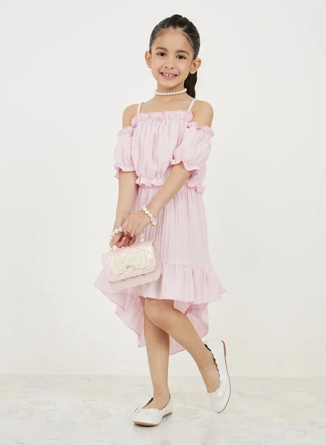 Styli Frill Trim Cold Shoulder Top and High Low Hem Skirt Set