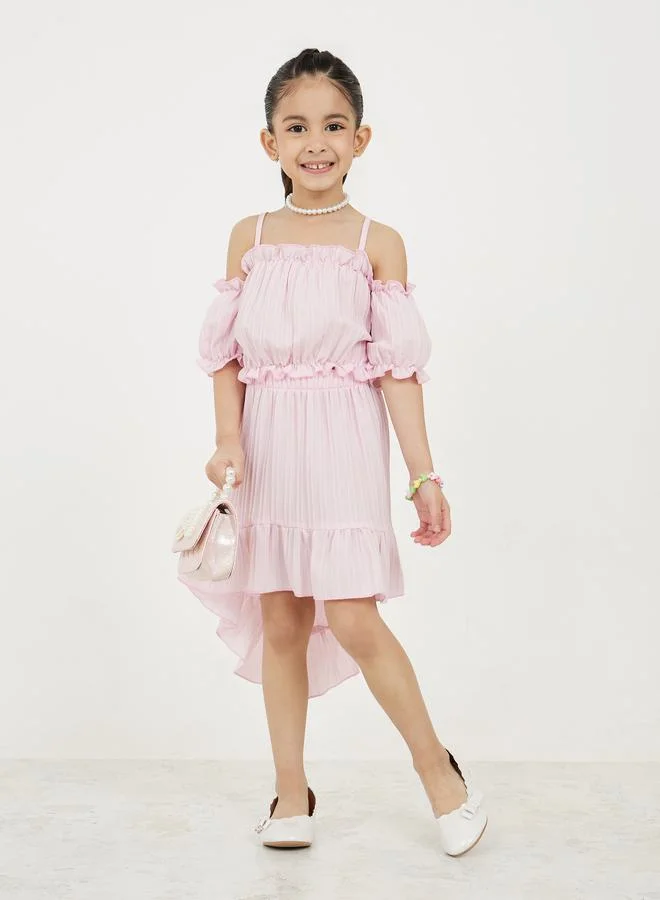 Styli Frill Trim Cold Shoulder Top and High Low Hem Skirt Set