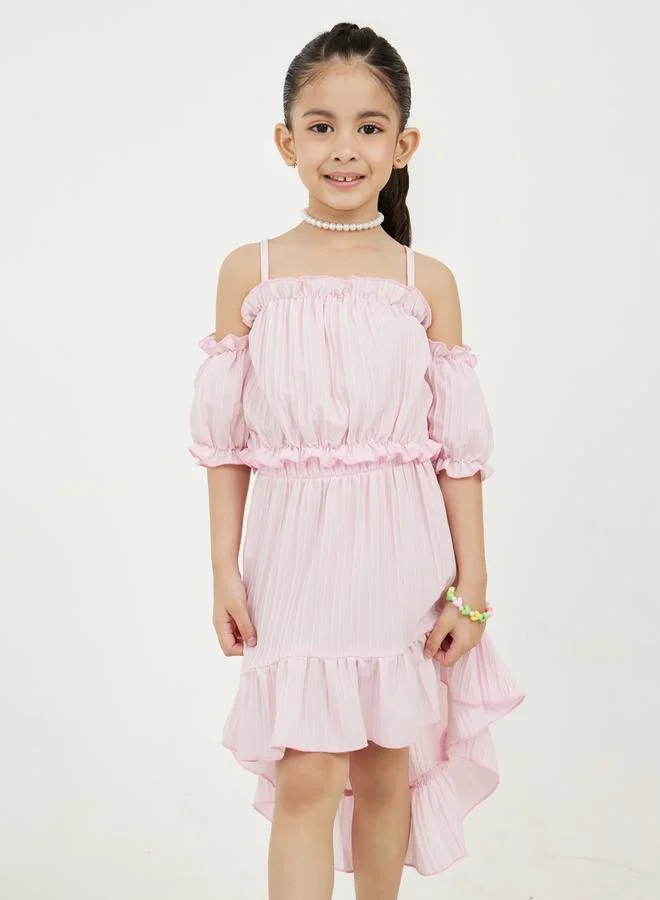 Styli Frill Trim Cold Shoulder Top and High Low Hem Skirt Set
