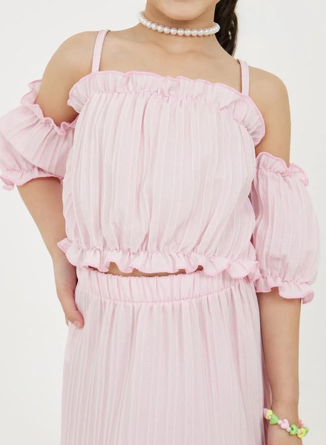 Styli Frill Trim Cold Shoulder Top and High Low Hem Skirt Set
