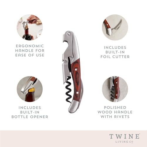 Twine Double Hinged Waiters Corkscrew Wine Opener with Built-in Bottle Opener and Foil Cutter, Durable Stainless Steel with Wood Handle, Home Bar, Kitchen, Travel, Gifts for Wine Lovers, Set of 1 - Image 2