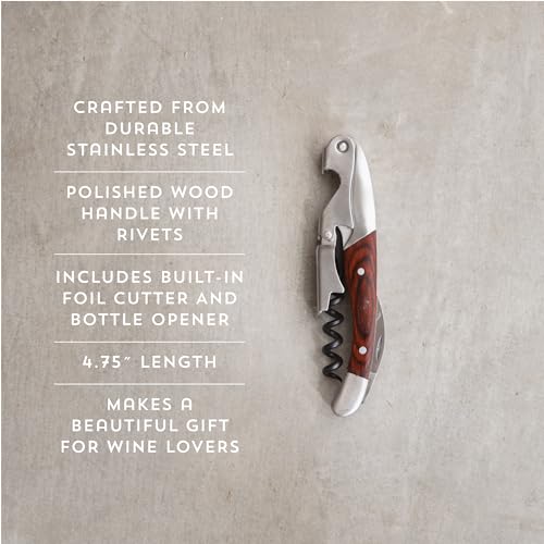 Twine Double Hinged Waiters Corkscrew Wine Opener with Built-in Bottle Opener and Foil Cutter, Durable Stainless Steel with Wood Handle, Home Bar, Kitchen, Travel, Gifts for Wine Lovers, Set of 1 - Image 3
