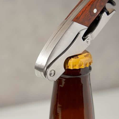 Twine Double Hinged Waiters Corkscrew Wine Opener with Built-in Bottle Opener and Foil Cutter, Durable Stainless Steel with Wood Handle, Home Bar, Kitchen, Travel, Gifts for Wine Lovers, Set of 1 - Image 4