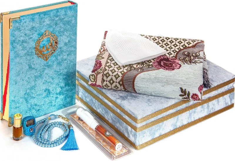 İhvan Special Velvet Covered Chest Quran Gift Set Blue