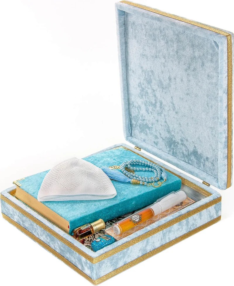 İhvan Special Velvet Covered Chest Quran Gift Set Blue